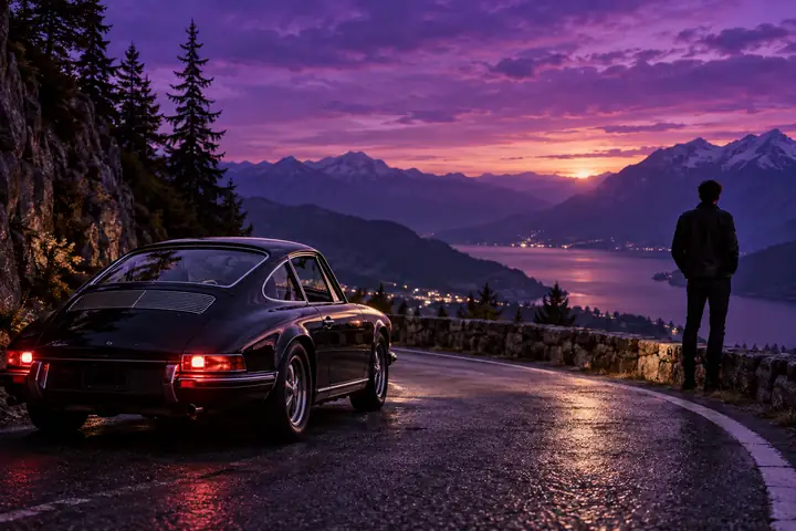 Classic car on a mountain road