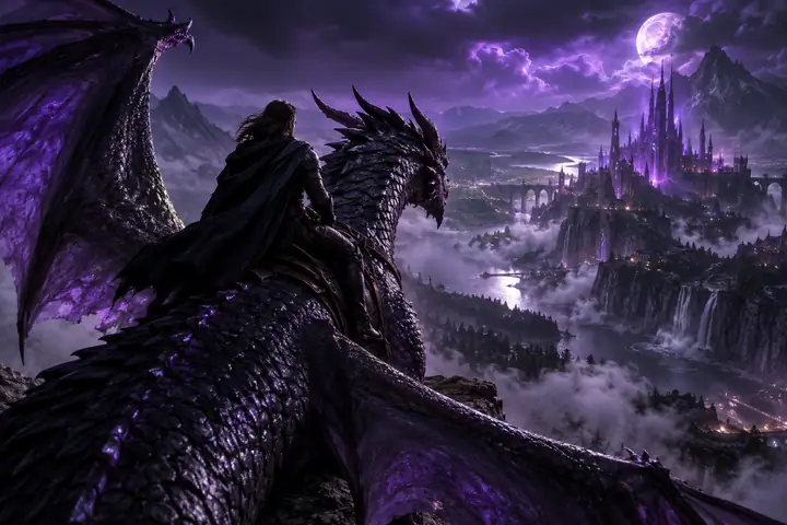 Dragon rider in a red sky